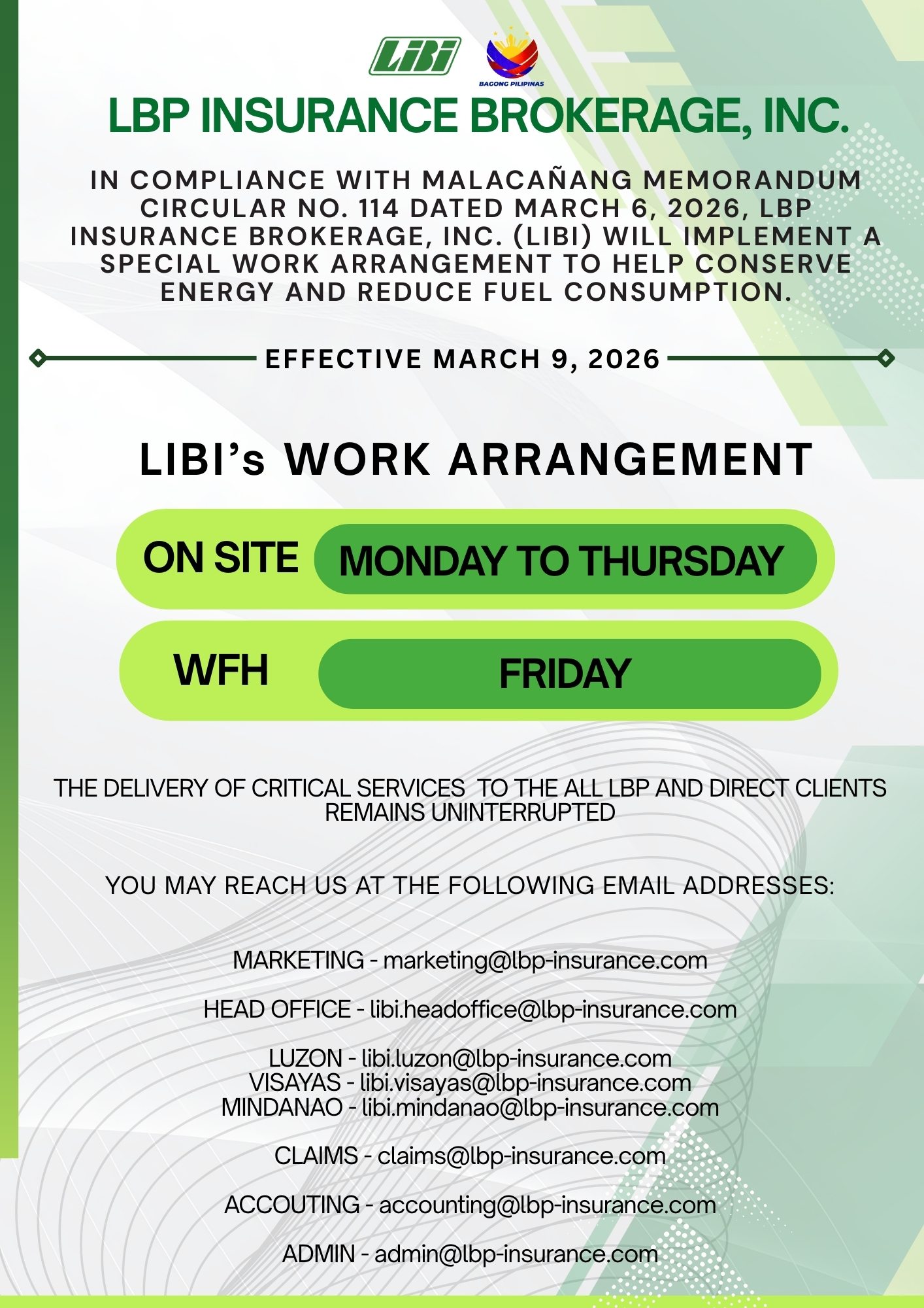 LIBI special work arrangement effective March 9, 2026
